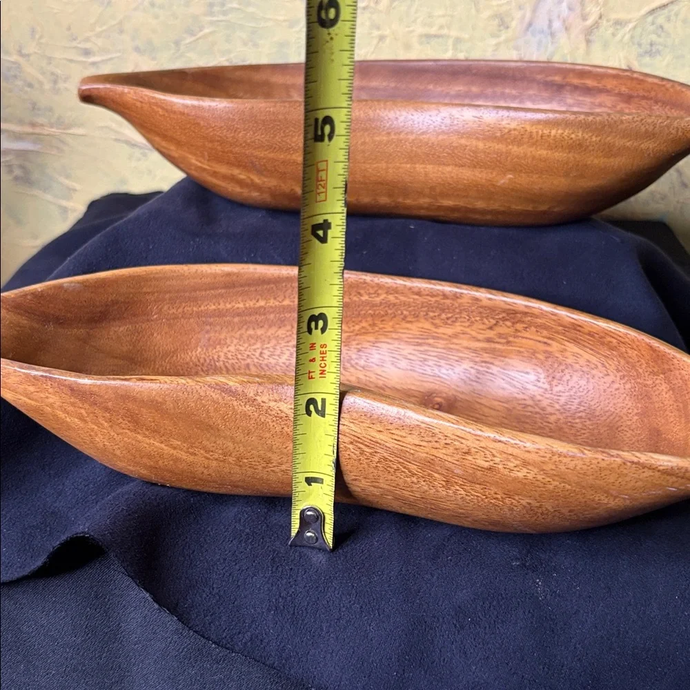 Mid-Century Modern Monkey Pod Leaf Bowls Hand Carved ~ set of 2